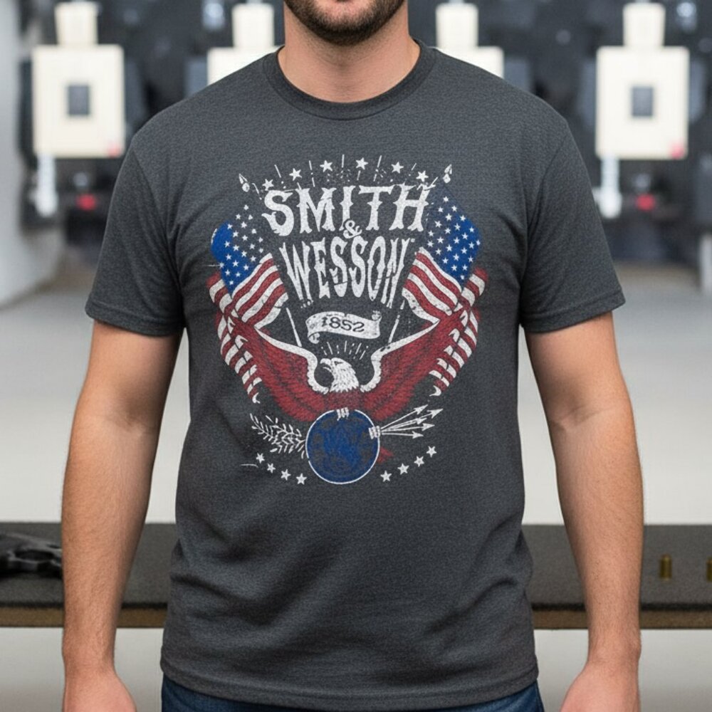 Smith and Wesson T-Shirt Mens XL Gray Short Sleeve Graphic T Flag Eagle Firearms